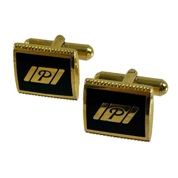 Vintage Cufflinks Black Gold Tone Letter P Square Wedding Prom Cuff Links - Picture 8 of 8